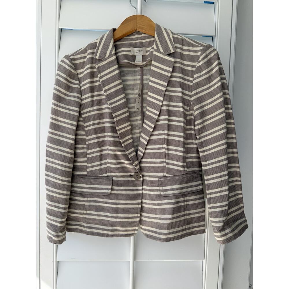 NWT Linen Blazer Jacket Short Stripe Tan White Casual Work Large cruise